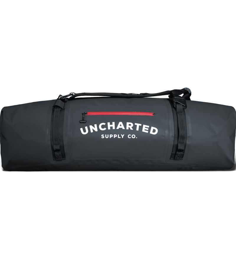 Side view of the black 100L vault duffel