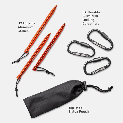 Dark Energy 56W Spectre Accessories Kit: 3 orange aluminum stakes, 3 black locking carabiners, and rip-stop pouch