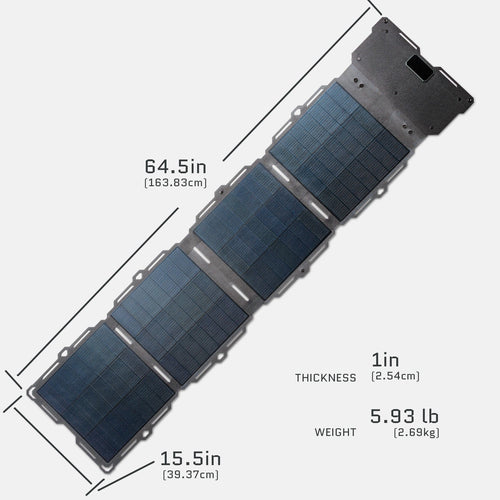 Dark Energy Spectre 56W portable foldable solar panel unfolded, with dimensions and weight displayed