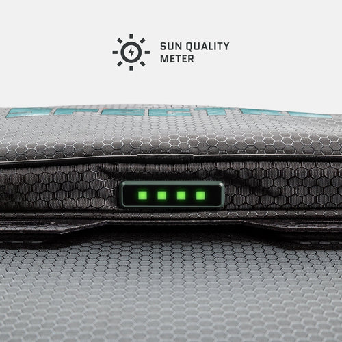 Dark Energy Spectre 56W portable solar charger, sun quality meter with four green lights on hexagon pattern