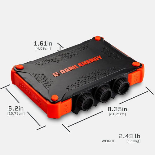 Dark Energy Poseidon XL black and orange rugged portable power bank with listed dimensions and weight