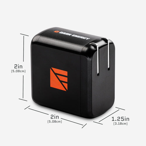 Dark Energy 65W Wall Adapter, black and compact, with foldable prongs and dimensions 2x2x1.25 inches