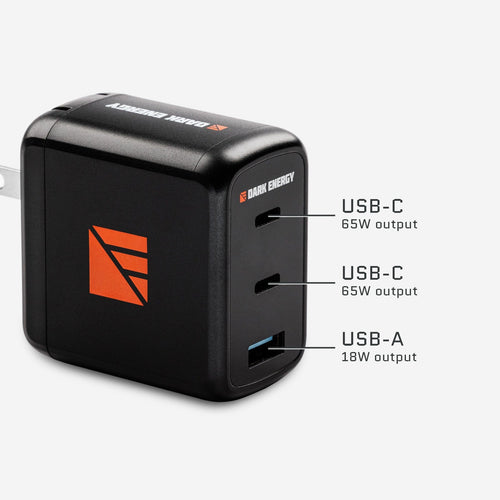 Dark Energy 65W wall adapter, black, with dual 65W USB-C and one 18W USB-A fast charging ports
