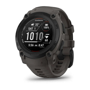 Garmin Instinct E dark gray tactical GPS smartwatch showing time, weather, and activity