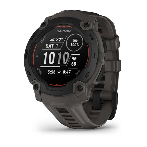 Garmin Instinct E rugged GPS smartwatch with dark gray case and strap, showing time, date, weather, and heart rate