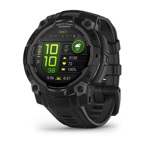 Garmin Instinct 3 black rugged GPS smartwatch with bright green digital display showing time, weather, and fitness data