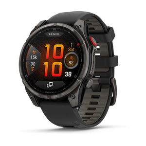 Garmin Fenix 8 Pro GPS smartwatch, dark gray case with black silicone strap, display showing time & metrics