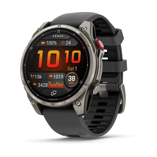 Garmin fēnix® 8 Pro rugged outdoor GPS watch with titanium bezel, black band, and digital activity display