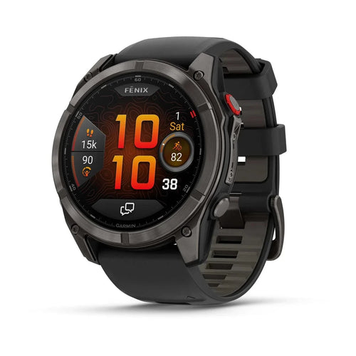 Garmin fēnix® 8 Pro smartwatch with dark gray case and black band, active digital face showing time and stats