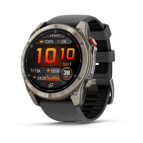 Garmin fēnix® 8 Pro GPS smartwatch with a dark gray case, black strap, and detailed digital outdoor watch face