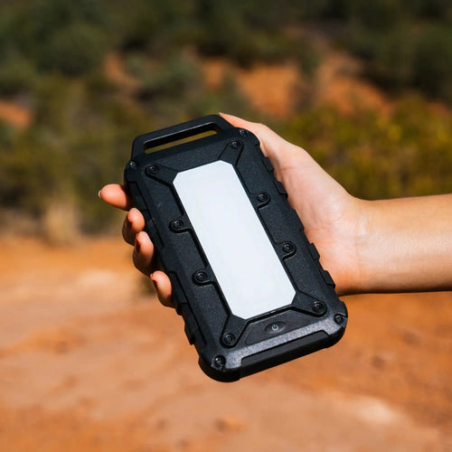 Lion Cub portable power bank held in hand outdoors, rugged black case, white light panel, power button visible