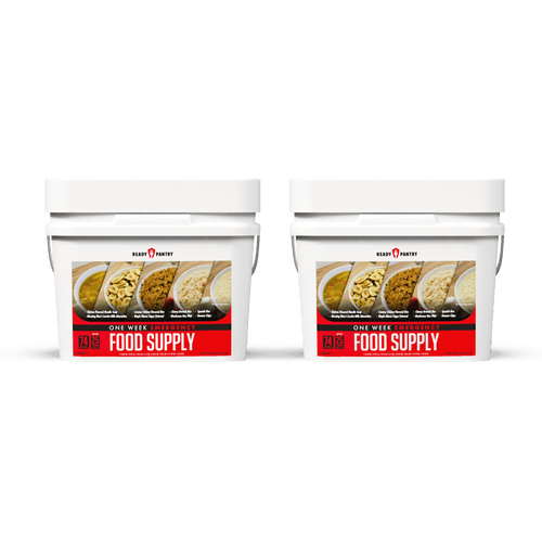 One Week Emergency Food Supply by ReadyPantry, two white buckets with 74 servings & 25-year shelf life