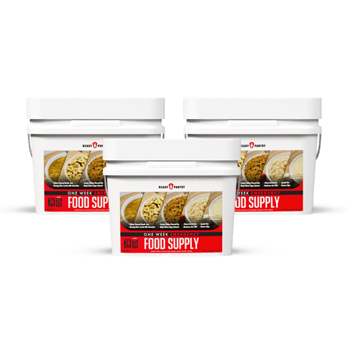 One Week Food Supply by ReadyPantry, three white emergency food buckets, 74 servings, 25-year shelf life