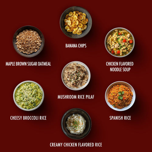 ReadyPantry One Week Food Supply: 7 diverse emergency meals including oatmeal, soup, rice, and chips
