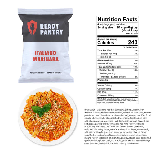 One Month Food Supply: ReadyPantry Italiano Marinara lasagna emergency meal kit, nutrition