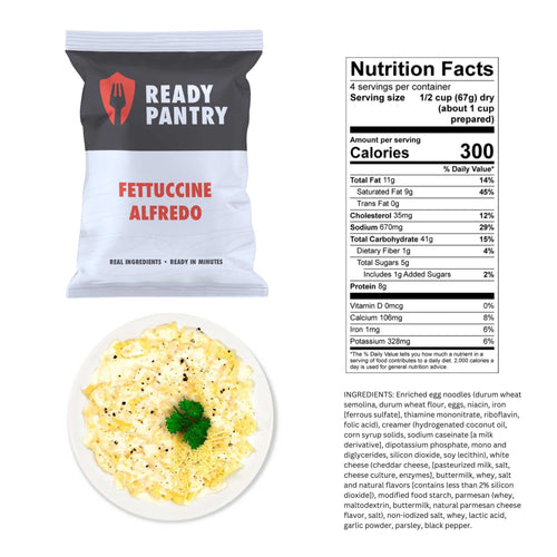 ReadyPantry One Month Food Supply: Fettuccine Alfredo meal pouch, prepared dish, nutrition facts, and ingredients