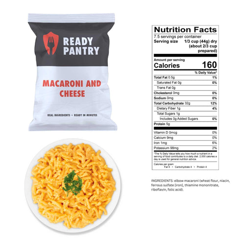 One Month Food Supply: ReadyPantry Mac & Cheese emergency food, nutrition label & prepared dish