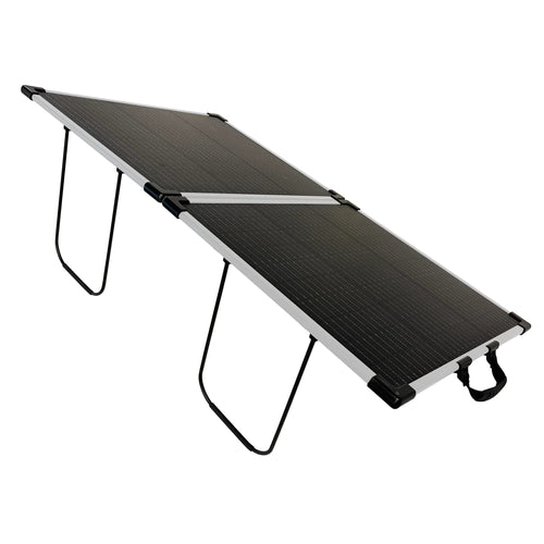 100W LW Solar Panel 12V by Lion Energy Staging, black portable foldable panel on kickstands with handle