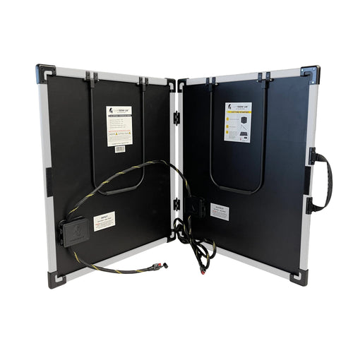 Lion Energy Staging 100W LW Solar Panel 12V, unfolded back view with visible wiring, specs, and handle