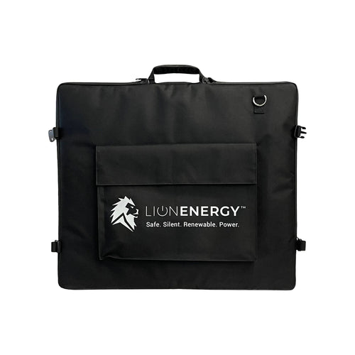 Lion Energy 100W LW Solar Panel 12V, a black folding solar panel in its carrying case