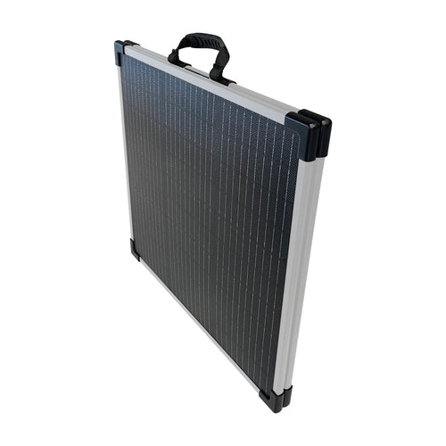 Lion Energy Staging 100W LW Solar Panel 12V, a black folding portable solar panel with a handle and silver frame
