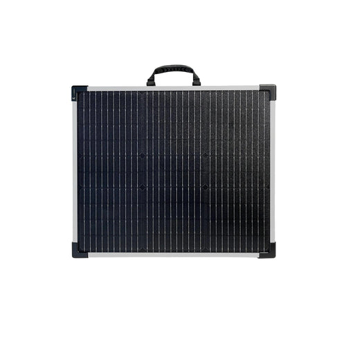 100W LW Solar Panel 12V by Lion Energy Staging, a black folding portable solar charger with silver frame and handle