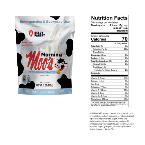 ReadyPantry One Week Food Supply, a Morning Moo's lowfat milk alternative pouch for emergency food storage