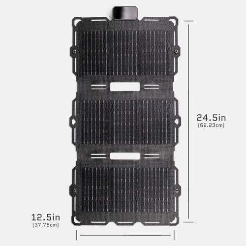 Spectre 18W Dark Energy portable solar panel array, dark grey, unfolded, 24.5 by 12.5 inches