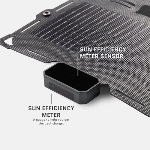 Dark Energy Spectre 18W solar charger featuring its sun efficiency meter and sensor
