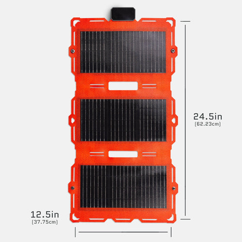 Dark Energy Spectre 18W portable solar panel. Unfolded orange rugged fabric with 3 solar panels, 24.5x12.5in