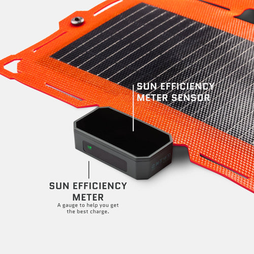 Dark Energy Spectre 18W portable solar charger, orange panel with black cells & sun efficiency meter