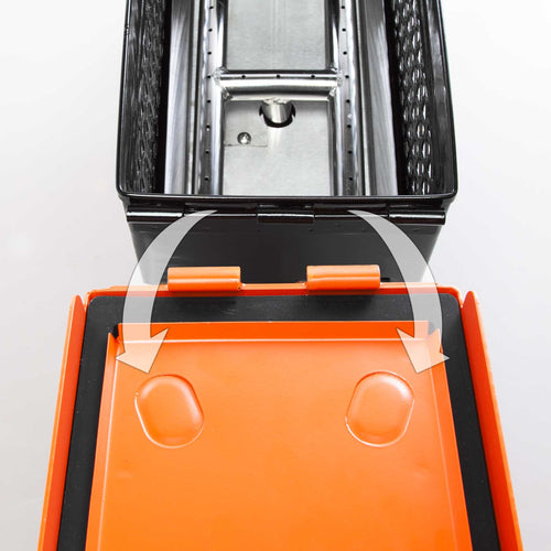 Ignik Outdoors FireCan Fire Pit, ammo can style, showing interior burner & orange lid with closing arrows