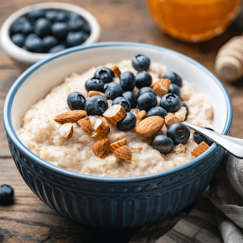One Month Food Supply by ReadyPantry: a healthy bowl of oatmeal with fresh blueberries, almonds. Emergency food