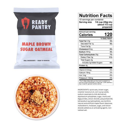 One Month Food Supply: ReadyPantry Maple Oatmeal, emergency food pouch, prepared meal, nutrition info