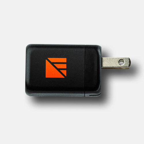 20W Wall Adapter, black Dark Energy power adapter with orange logo and two flat prongs