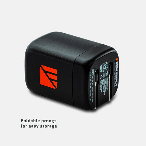 Dark Energy 20W Wall Adapter, black compact fast charger with foldable prongs and USB-C and USB-A ports