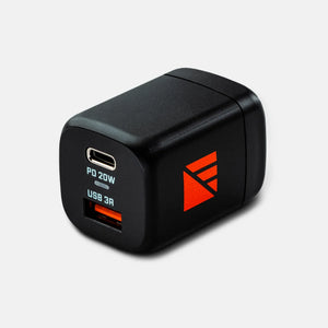 20W Wall Adapter by Dark Energy, black dual-port USB charger with USB-C PD 20W and USB-A 3A ports