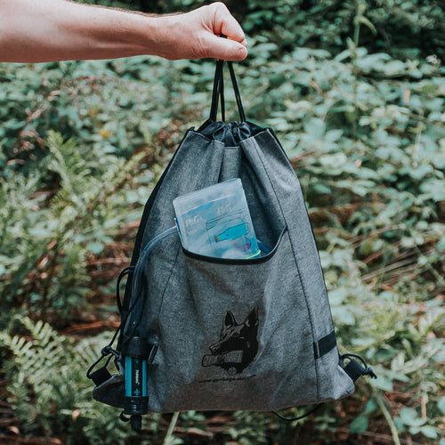 Puribag Pro Kit portable 4-in-1 water filter system, grey bag with P&G purifier & straw filter, outdoor