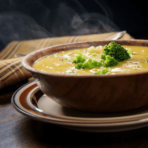 ReadyPantry One Month Food Supply, steaming broccoli cheddar soup, hearty emergency food