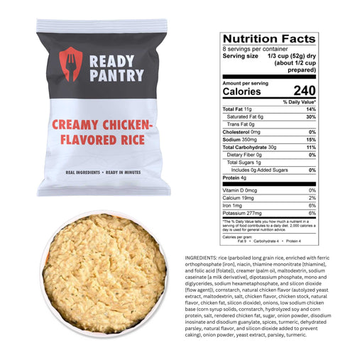 One Month Food Supply: ReadyPantry Creamy Chicken-Flavored Rice pouch, prepared food, nutrition facts