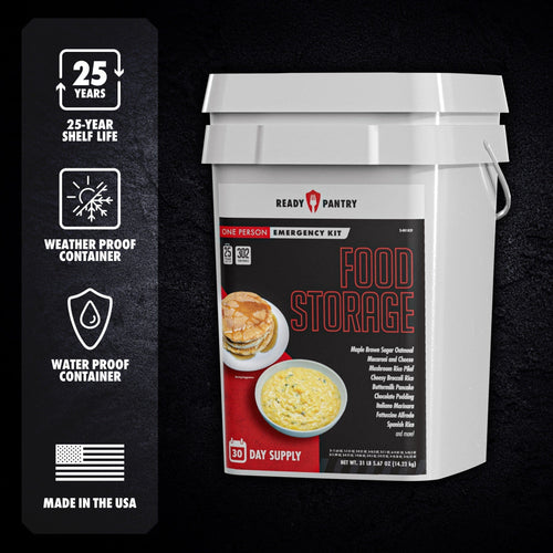 One Month Food Supply by ReadyPantry, a 30-day emergency food kit in a waterproof container with 25-year shelf life