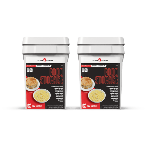 ReadyPantry One Month Food Supply, two white emergency food kits. 25-year shelf life, 302 servings