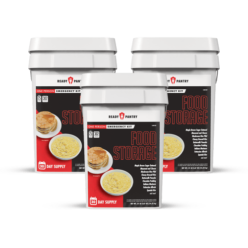ReadyPantry One Month Food Supply emergency food storage kit. Three white buckets with labels showing meal types like pancakes