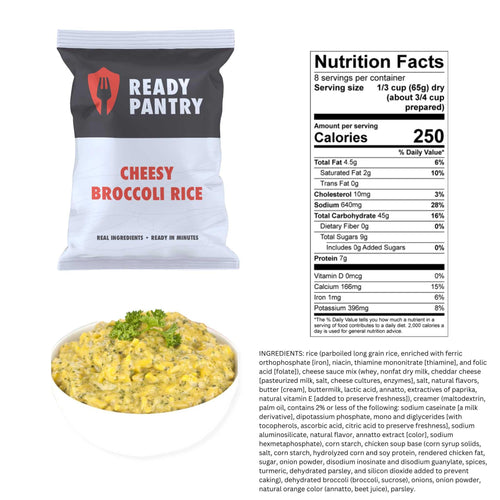 ReadyPantry One Month Food Supply meal kit showing Cheesy Broccoli Rice package and cooked meal, with nutrition info
