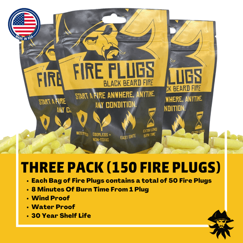 Black Beard Fire Plugs 3-pack, 150 waterproof, windproof fire starter tinder Made in USA