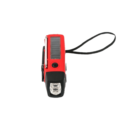 WB Crank Radio, red solar & hand crank survival radio with 3-LED flashlight and black wrist strap
