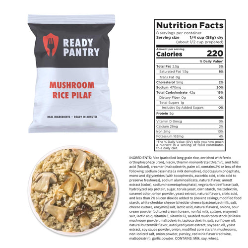 One Month Food Supply with ReadyPantry Mushroom Rice Pilaf pouch, prepared bowl of pilaf, and nutrition facts