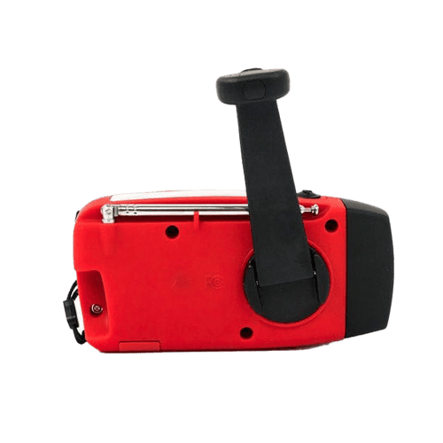 WB Crank Radio, red and black emergency hand-crank weather radio with telescopic antenna