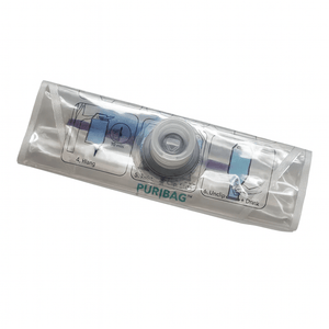 Puribag portable water purification system with visible usage instructions on clear pouch