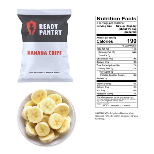 ReadyPantry One Week Food Supply banana chips bag with nutrition facts & fresh slices